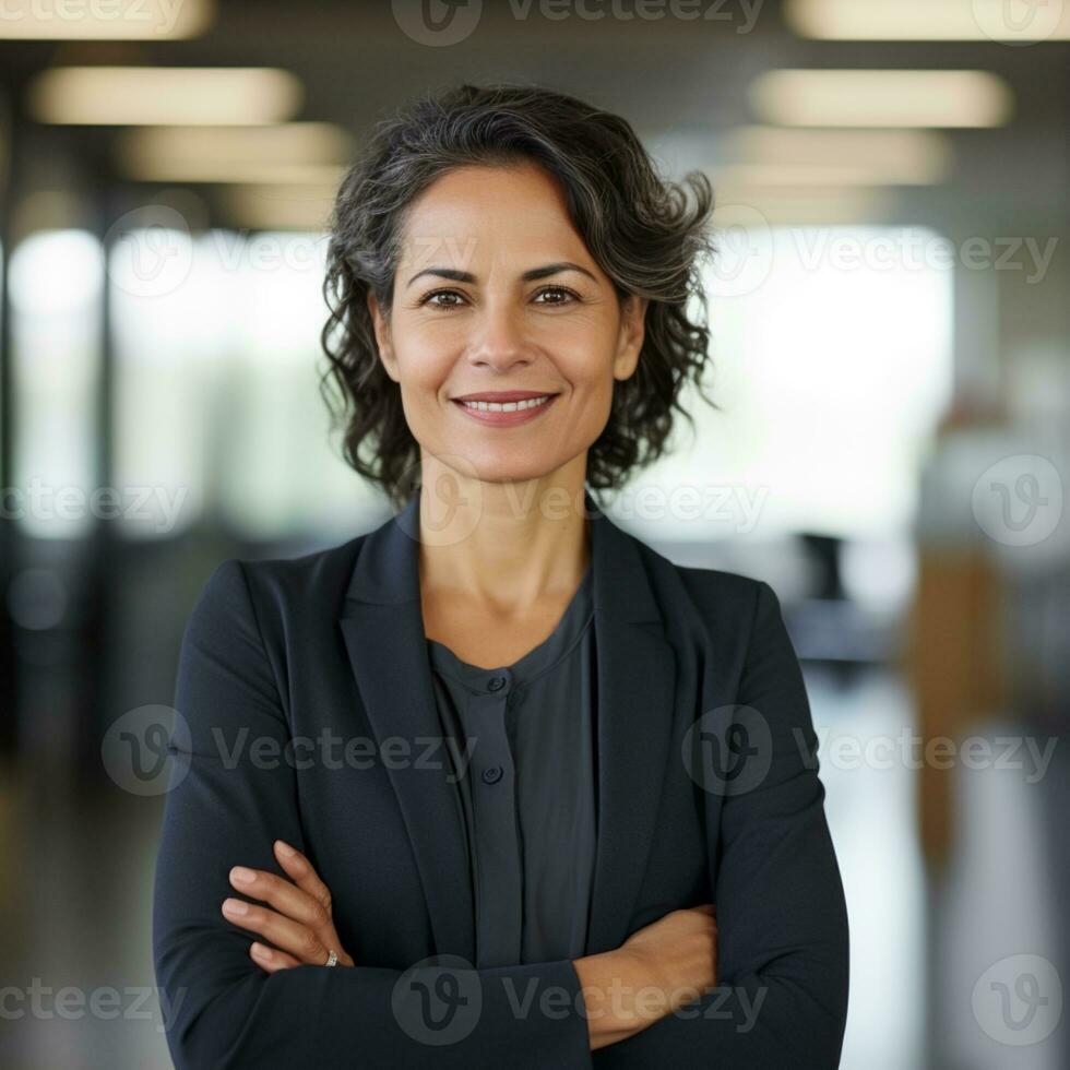 Professional mid age woman in her office smiling ai generative photo