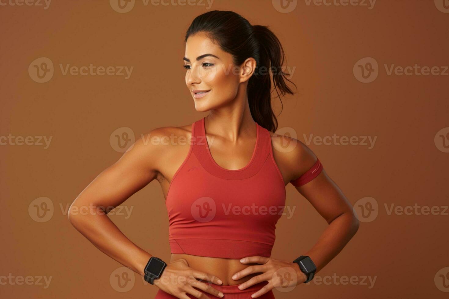 Strong and fit female athlete standing in sportswear confident workout in gym concept ai generative photo