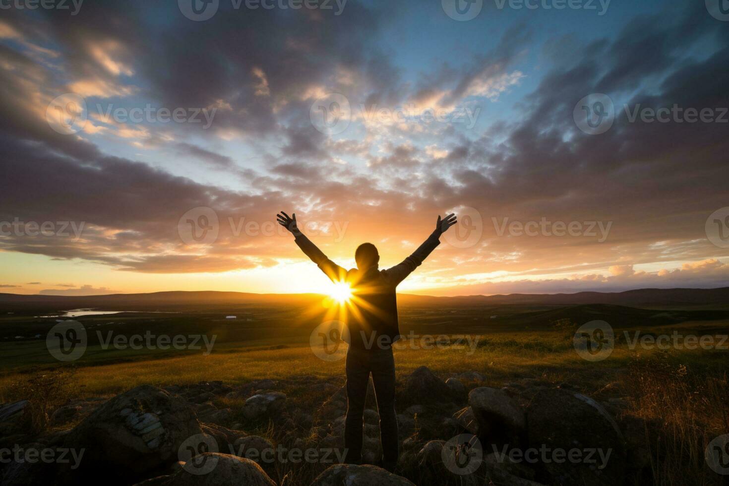 man lift her hands to the sky and feel freedom. ai generative photo