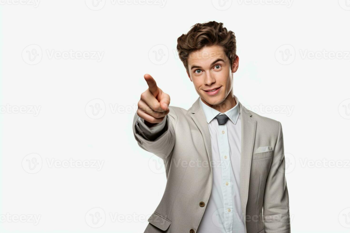 Enthusiastic businessman pointing finger and smiling on isolated white background ai generative photo