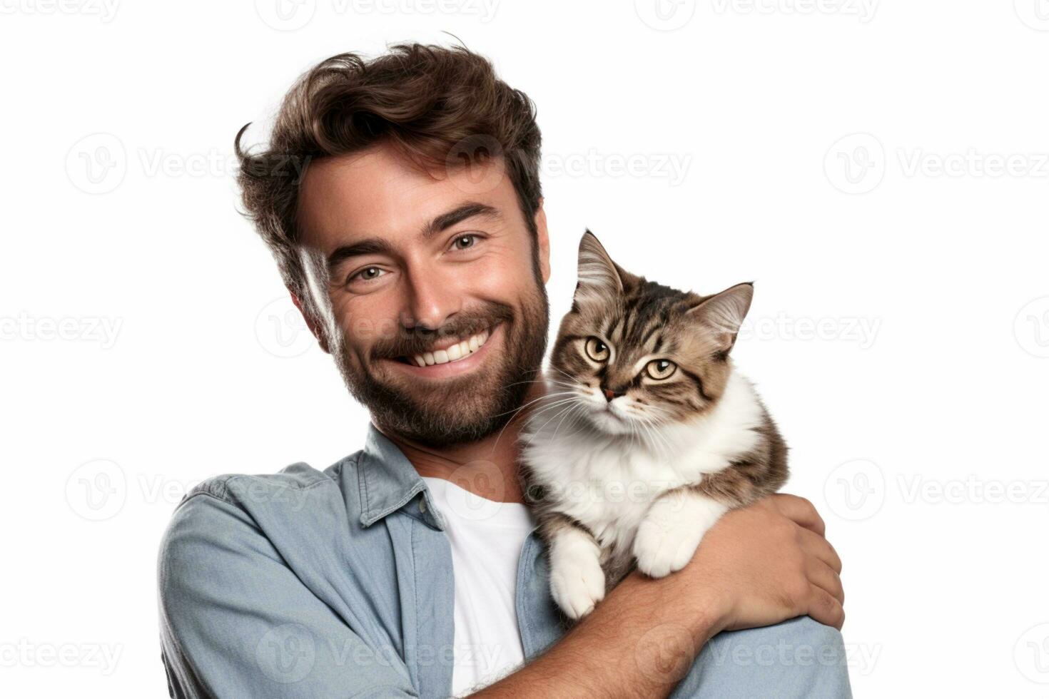 beautiful young caucasian brunette man cuddles french cat on white background ai generative photo