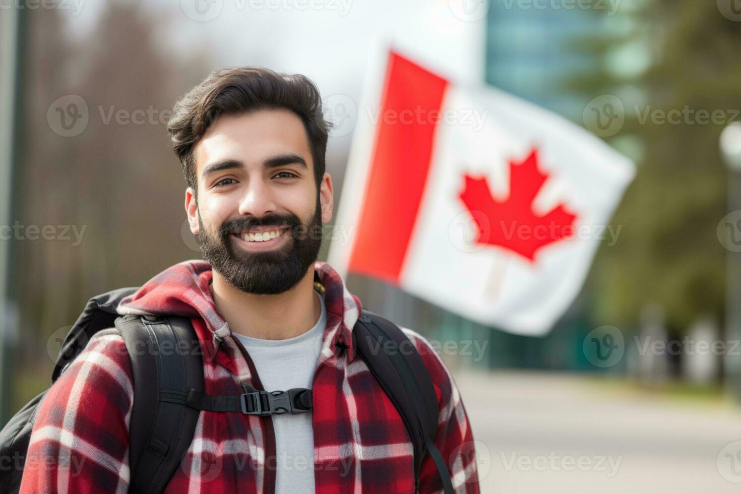 Portrait of a Hispanic college student carrying a backpack and standing Canada flag in background ai generative photo