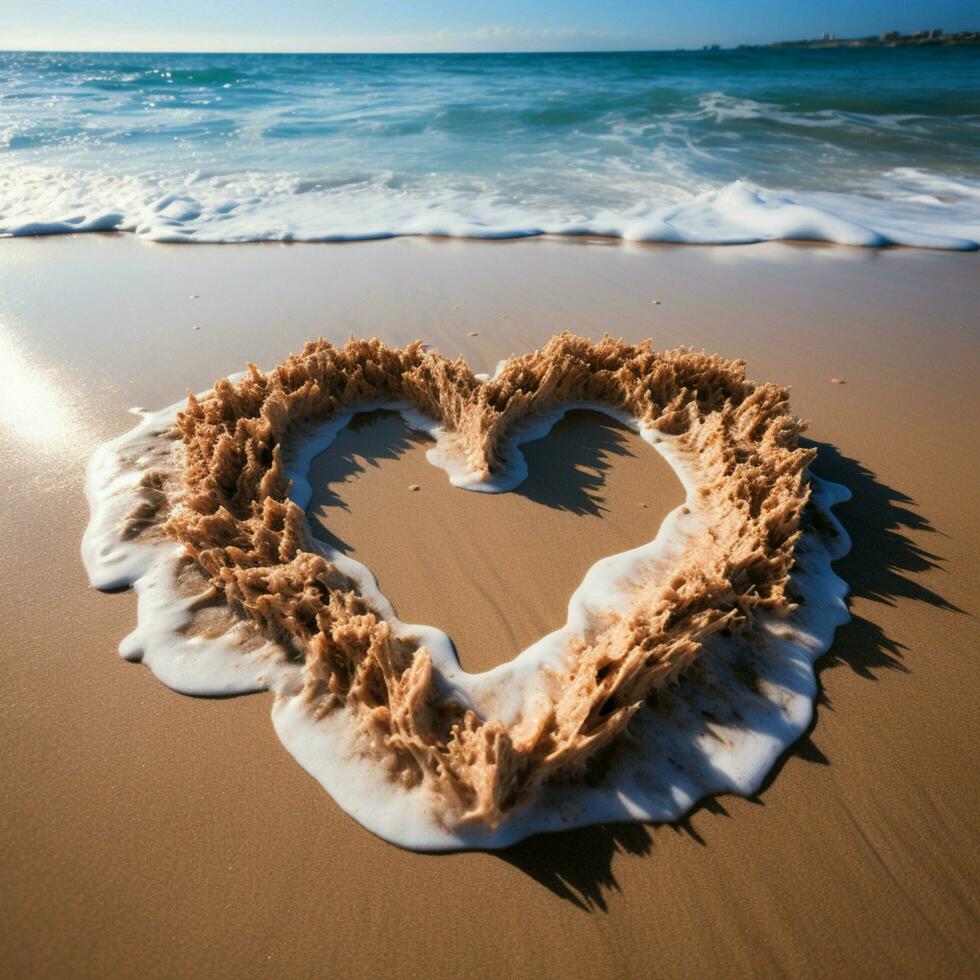 Coastal sentiment Heart drawn on beach sand, embraced by rolling wave backdrop For Social Media Post Size AI Generated photo