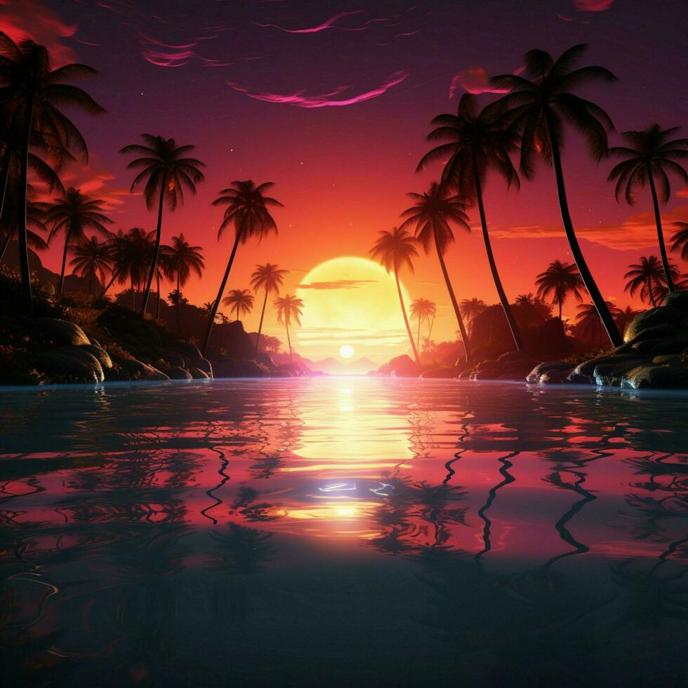 Palm trees, neon sunset, and water Retro album cover concept For Social Media Post Size AI Generated photo