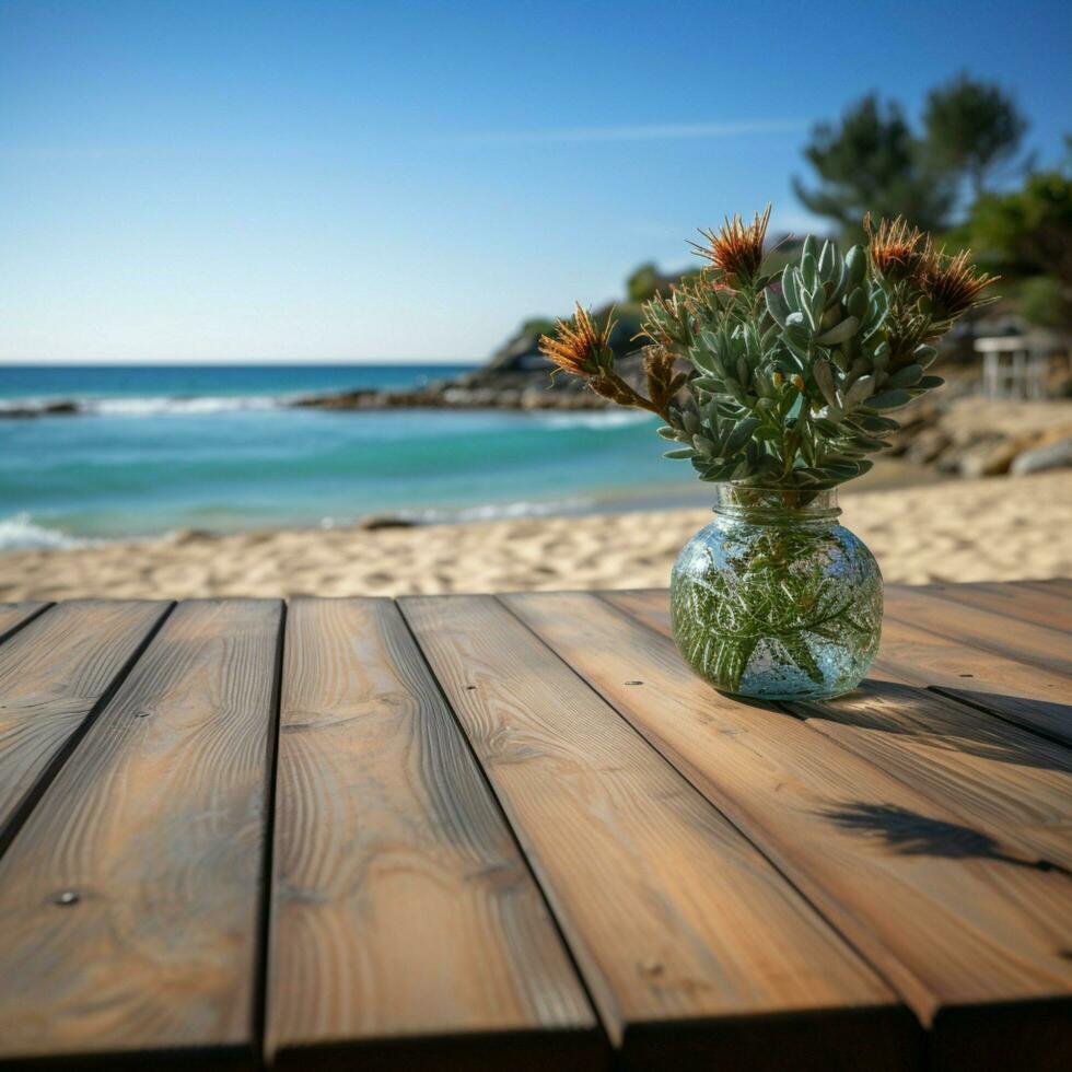 Coastal platform Wooden deck amid blurred beach scenery, ideal for product presentation For Social Media Post Size AI Generated photo