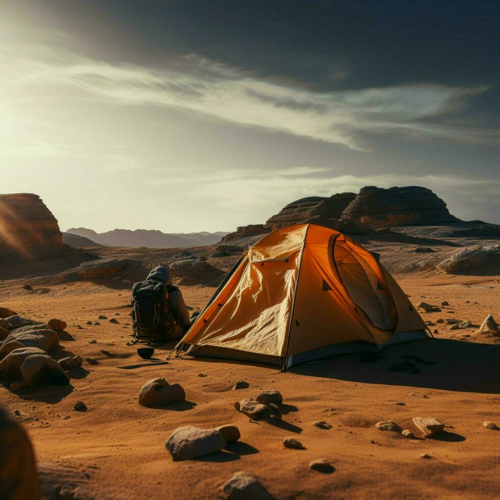 arenoso soledad cámping solo en estéril desierto, lejos desde civilizaciones bullicio para social medios de comunicación enviar Talla ai generado foto