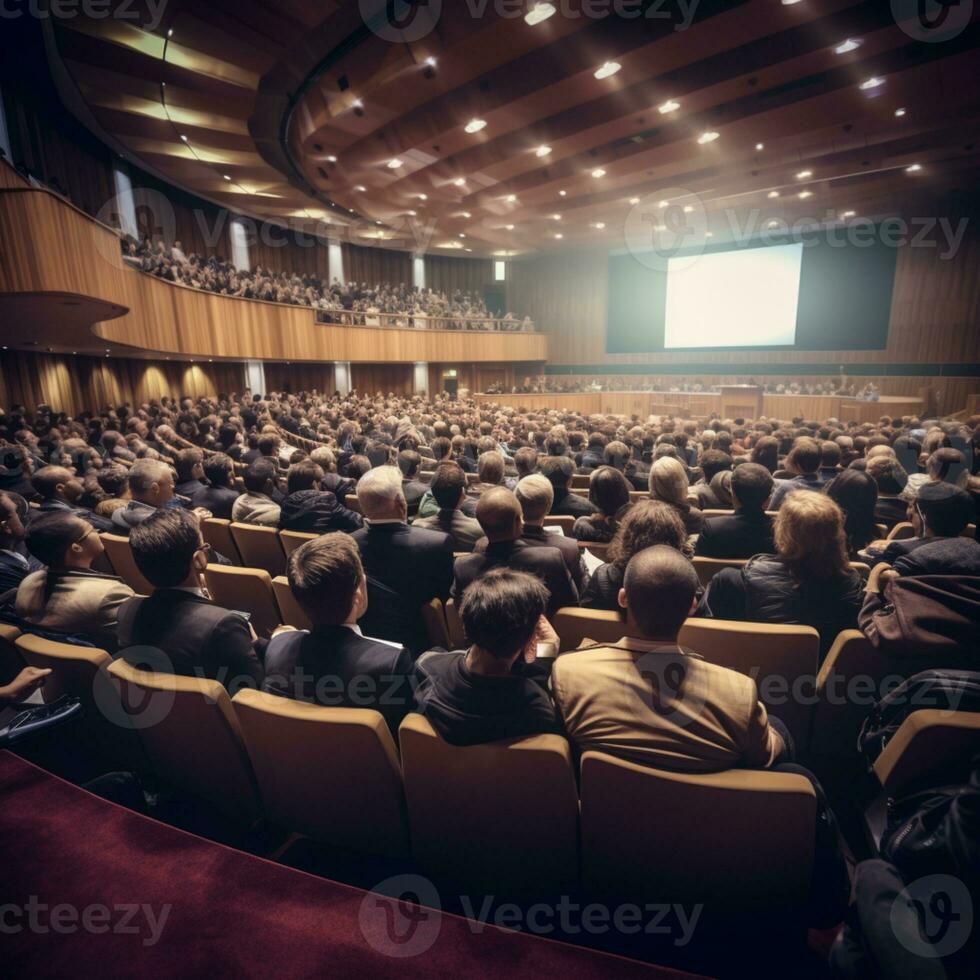 posterior lado de audiencias sentado y escuchando el altavoces en el etapa ai generativo foto