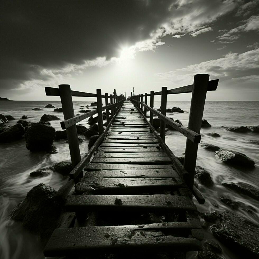 Noir coastal scene, Fishing jetty depicted in evocative black and white tones For Social Media Post Size AI Generated photo