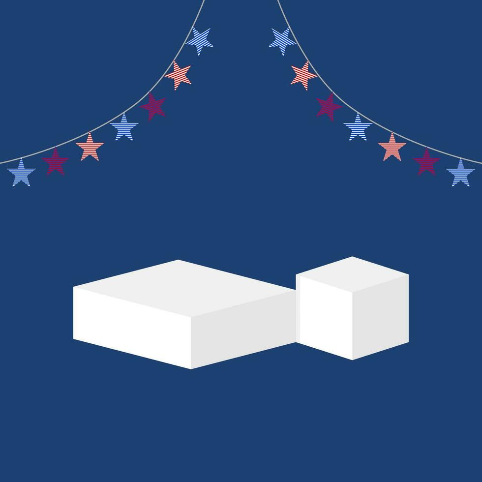 White stage or podium with garland of stars on blue background. vector