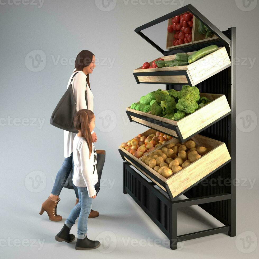 Happy young woman looking at products in grocery store and buying goods in supermarket. photo