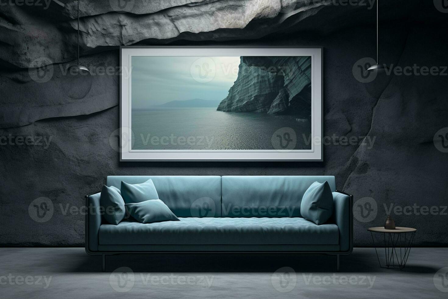 3D render modern blue sofa with painting ai generative photo