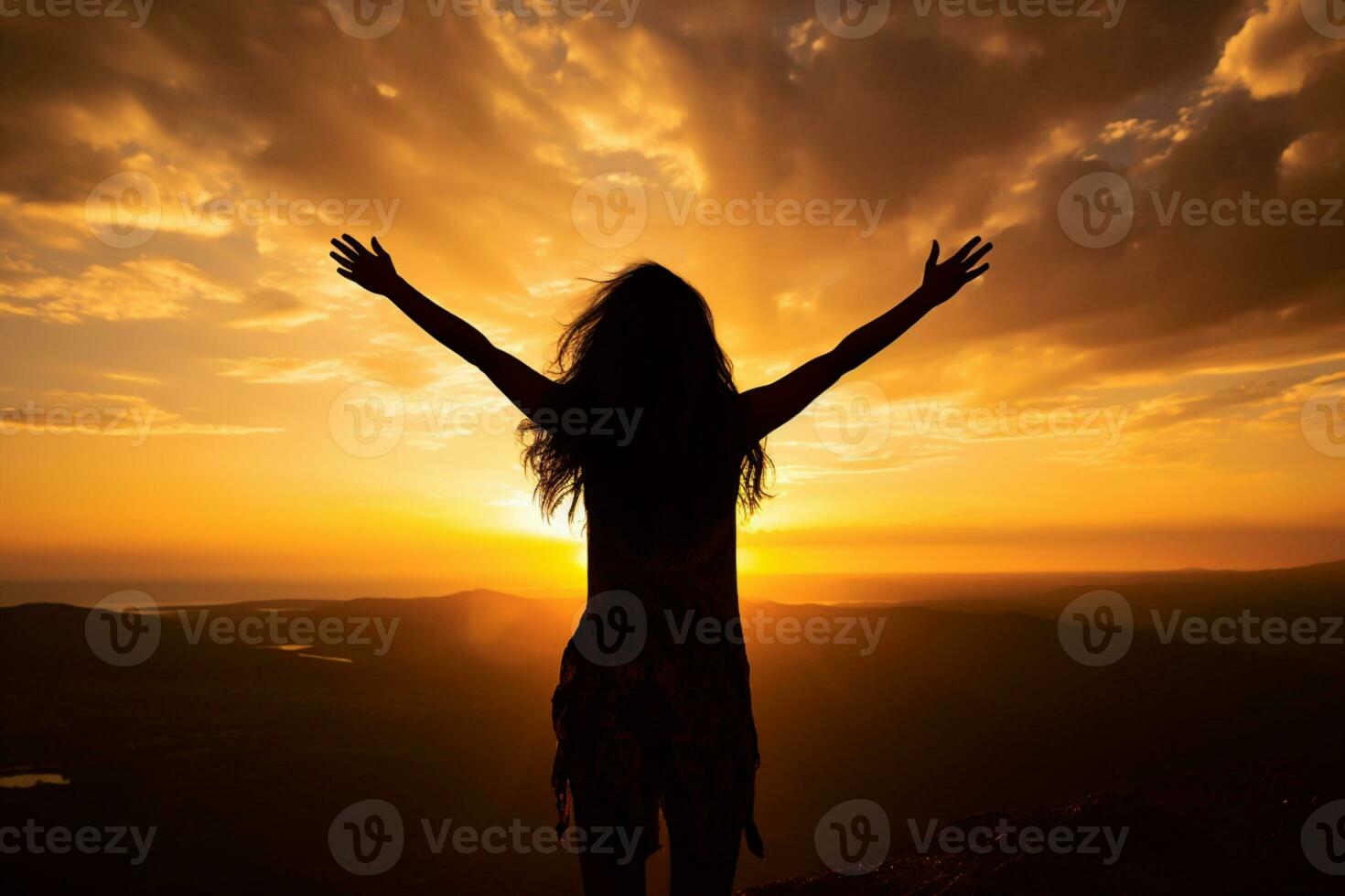girl lift her hands to the sky and feel freedom ai generative photo