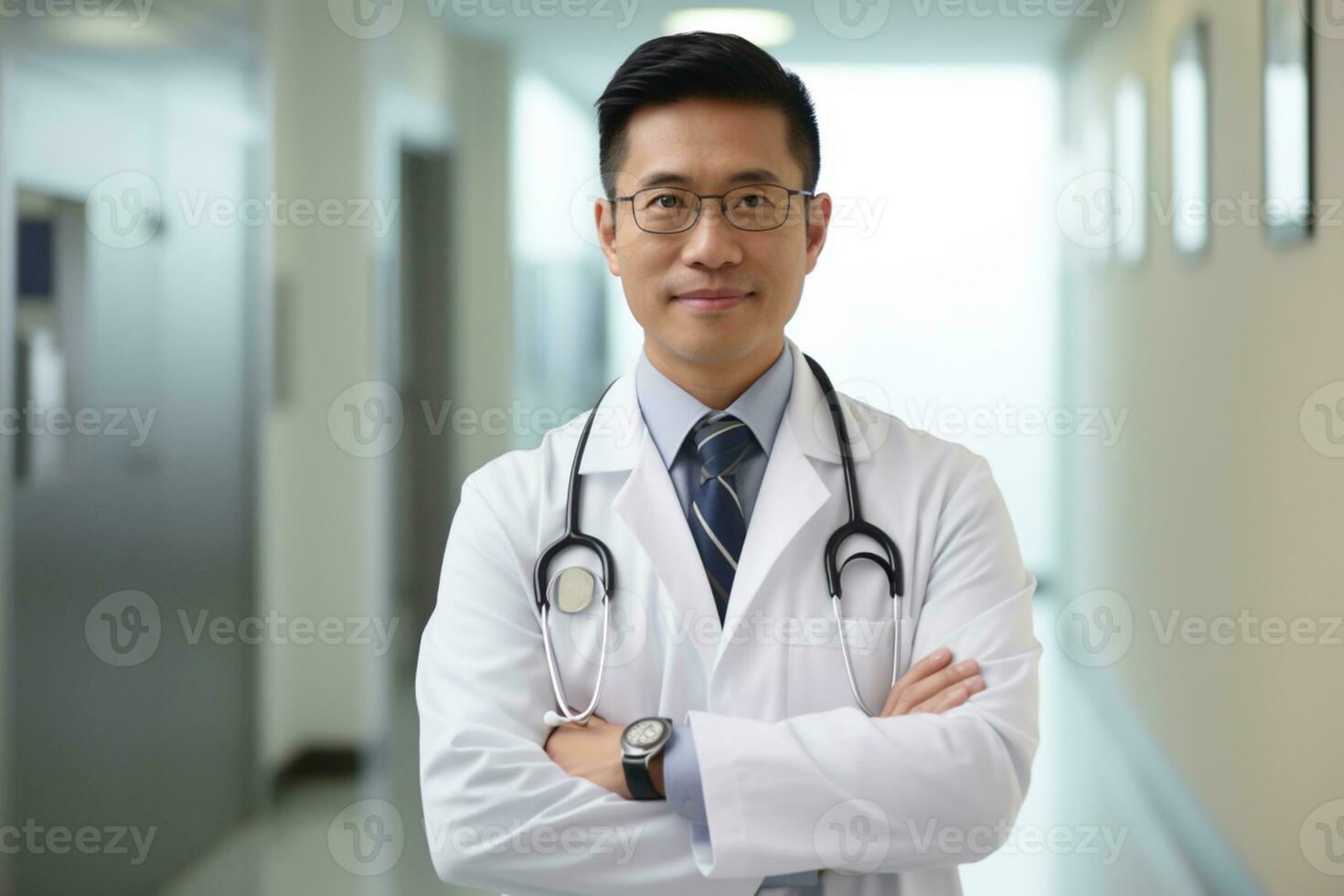 Portrait of handsome men doctor working in modern hospital ai generative photo
