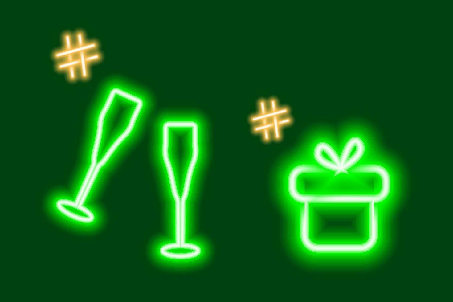 Neon luminous icons of gift box and 2 wine glasses with hashtags. Concept for greetings or search vector