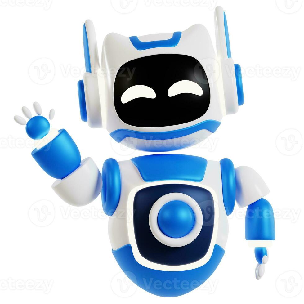 3D Robot icon design. Cute robot with hand up or hello gesture, 3D artificial intelligence photo