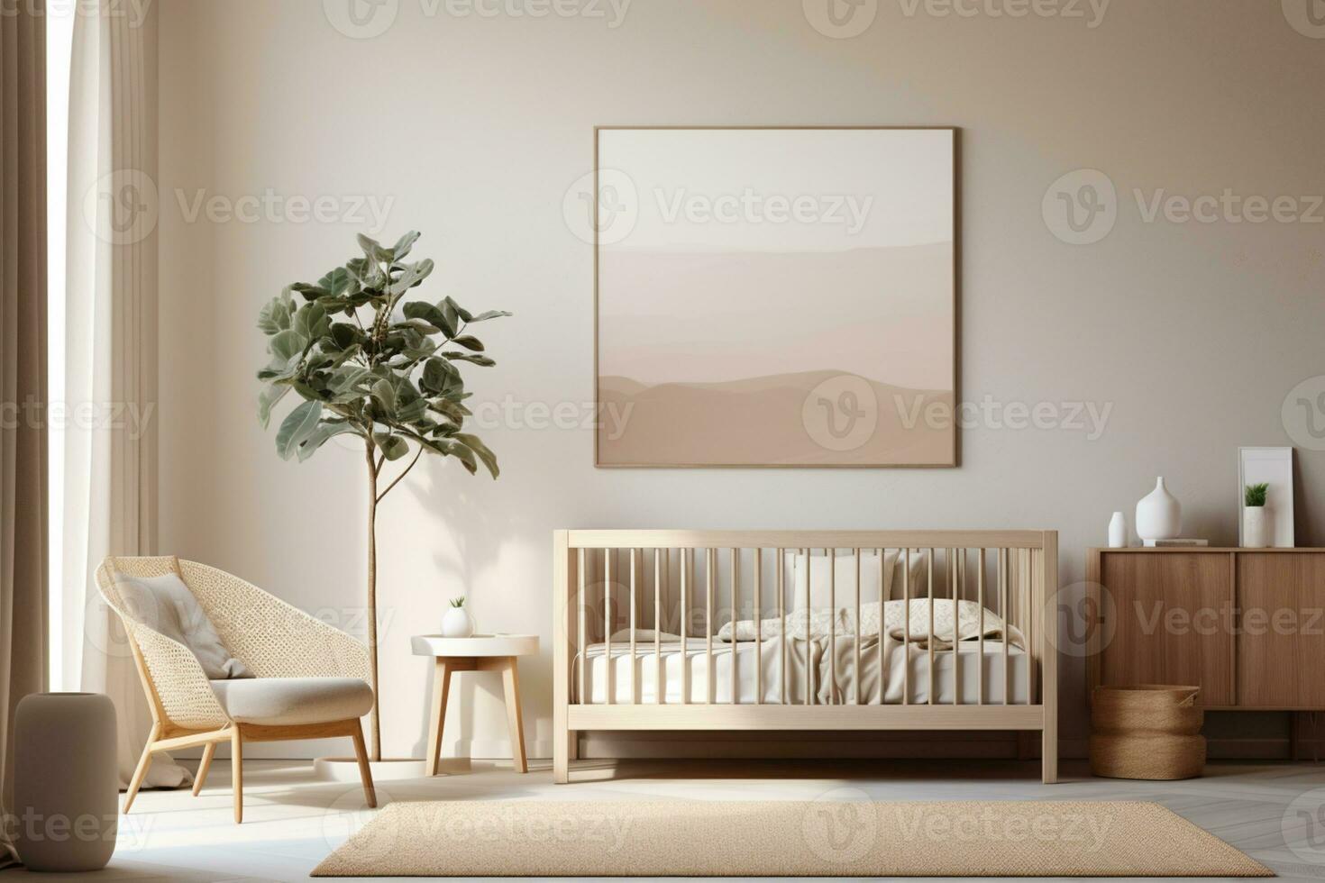Mock up frame in children room with natural wooden furniture, Farmhouse style interior background, 3D render ai generative photo