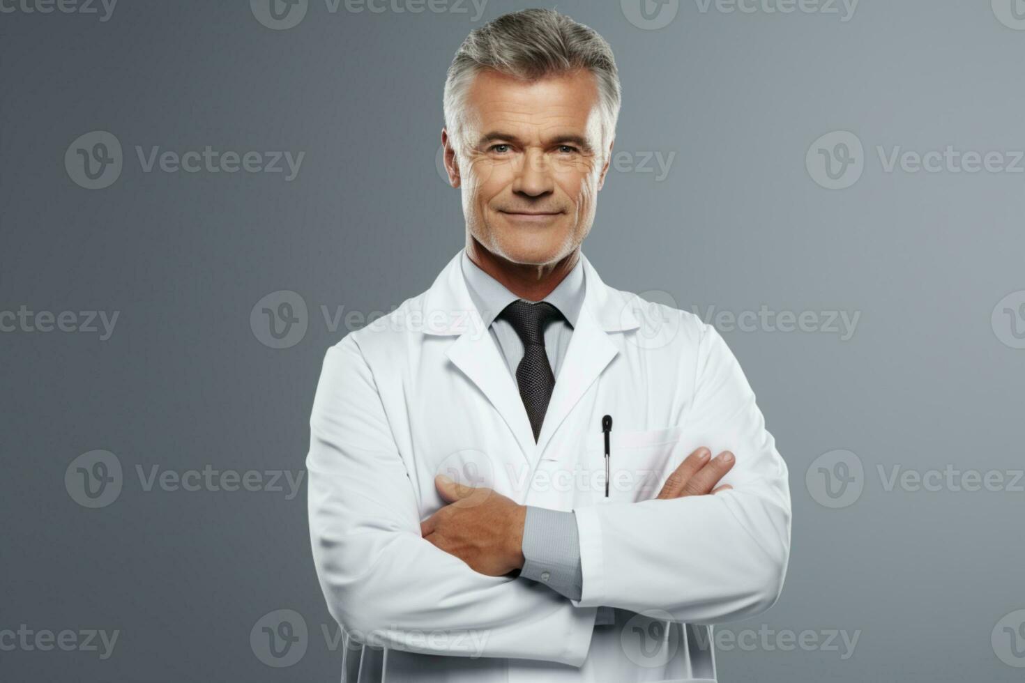 Portrait of handsome men doctor arm crossed against grey background ai generative photo