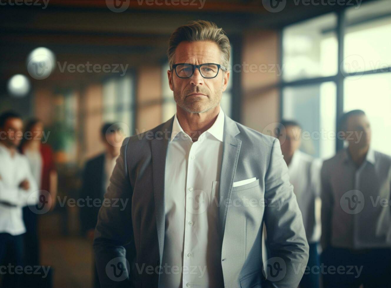 A man in a suit with glasses and a group of people in the background team leader concept ai generative photo