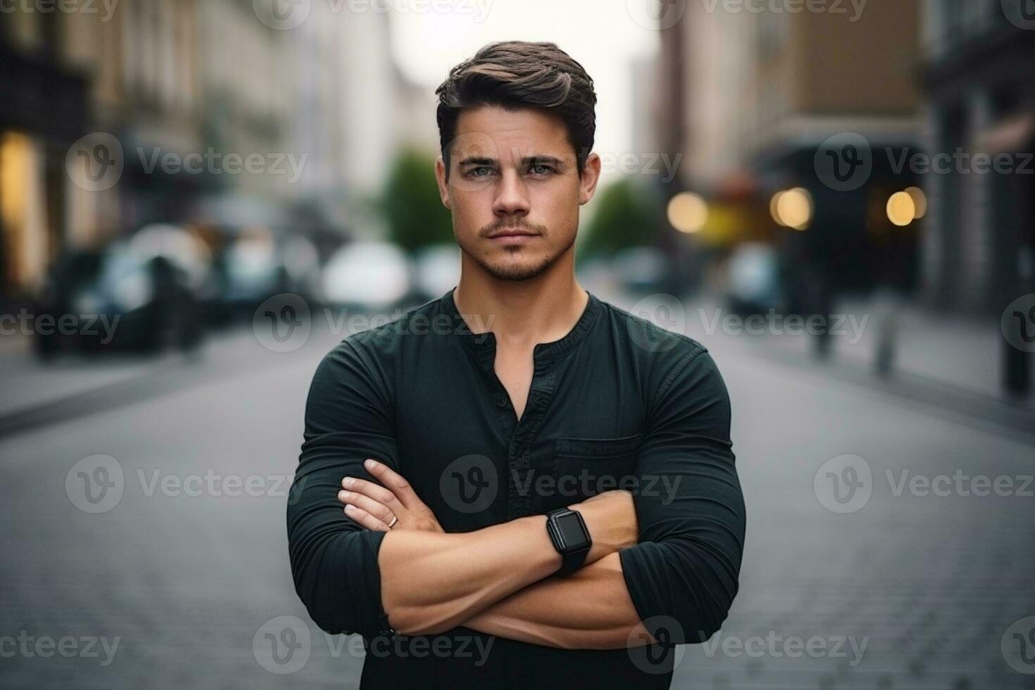A man looking at camera arm crossed in the street ai generative photo