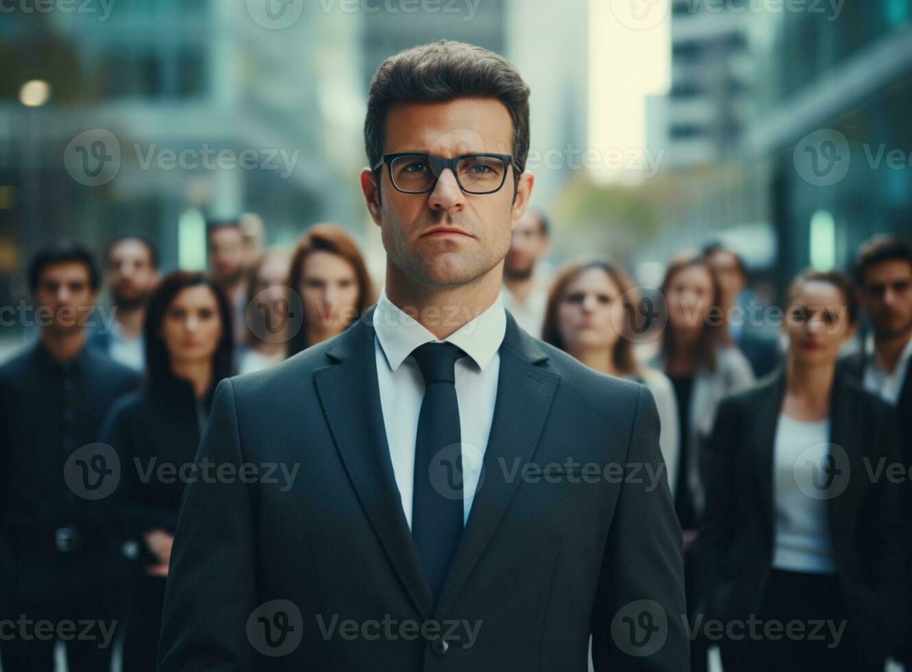 A man in a suit with glasses and a group of people in the background team leader concept ai generative photo