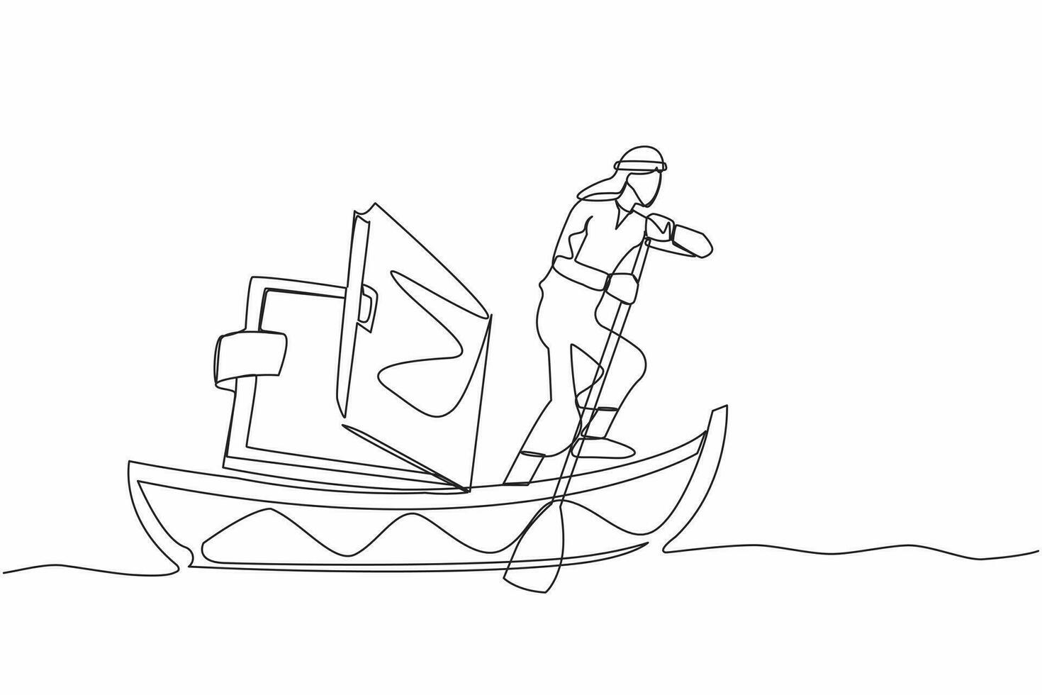 Single one line drawing Arab businessman sailing away on boat with wallet. Office worker with financial problem due to economic crisis. Lack of money. Continuous line draw design vector illustration