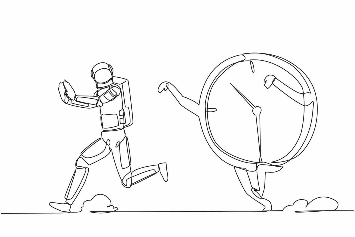 Single one line drawing young astronaut being chased by time. Afraid with spaceship exploration project schedule target, productivity. Cosmic galaxy space. Continuous line design vector illustration