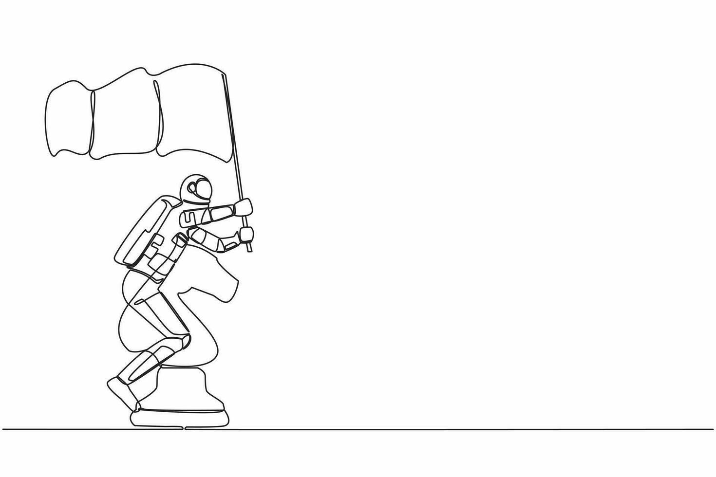 Single continuous line drawing young astronaut riding big chess horse knight piece and holding flag. Battle in space war interstellar. Cosmonaut deep space. One line graphic design vector illustration