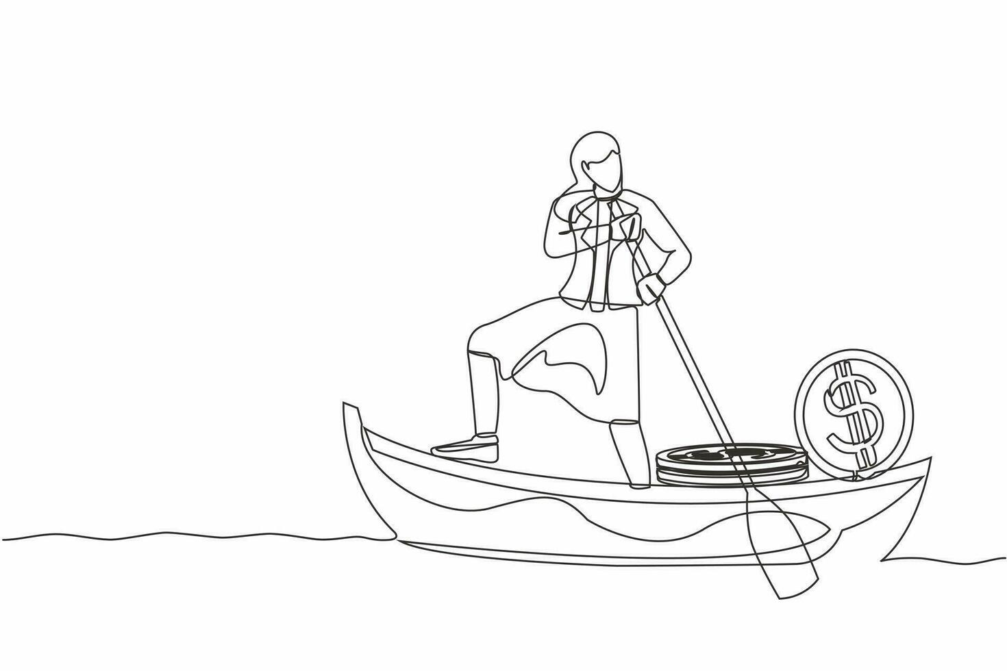 Continuous one line drawing businesswoman sailing away on boat with pile of dollar coins. Criminal stole golden coins from bank. Corruption, robber. Single line draw design vector graphic illustration