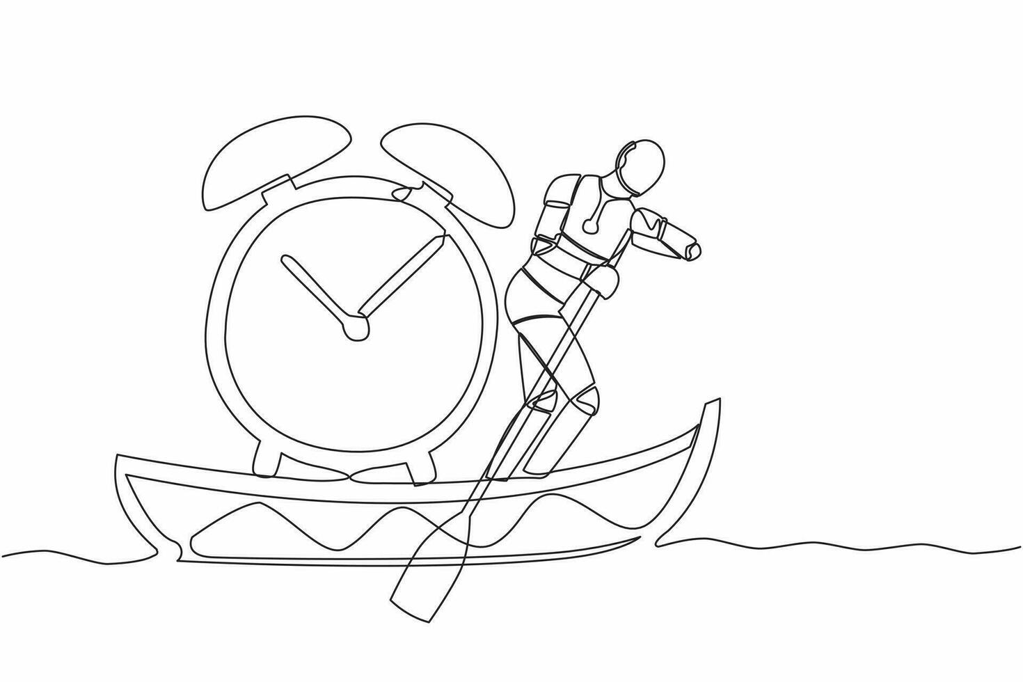 Single one line drawing robot sailing away on boat with alarm clock. Time management in tech business deadline. Robotic artificial intelligence. Continuous line draw design graphic vector illustration