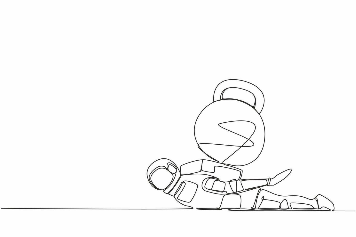 Single one line drawing young astronaut under heavy kettlebell burden. Debt explosion in spaceship company. Technology development. Cosmic galaxy space. Continuous line draw design vector illustration