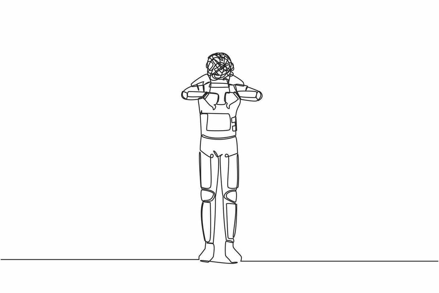 Continuous one line drawing astronaut with round scribbles instead of head, showing thumbs down sign, dislike, negative expression. Cosmonaut outer space. Single line draw design vector illustration