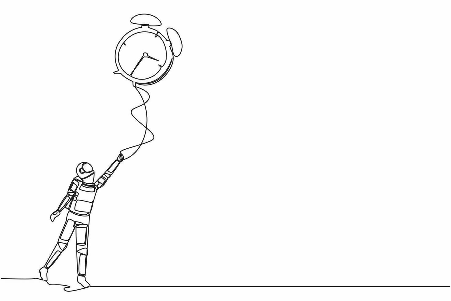 Single continuous line drawing young astronaut holding flying big alarm clock balloon with rope in moon surface. Cosmonaut deep space concept. Dynamic one line draw graphic design vector illustration