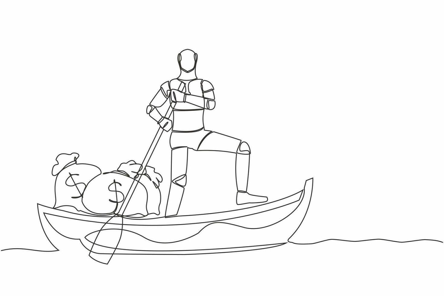 Continuous one line drawing robot sailing away on boat with stack of money bag. Criminal bring huge amount of money. Robotic artificial intelligence. Single line graphic design vector illustration