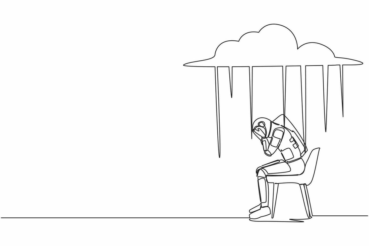 Single continuous line drawing sad astronaut sitting on chair under rain cloud. Worried about impact economic crisis in space company. Cosmonaut deep space. One line graphic design vector illustration