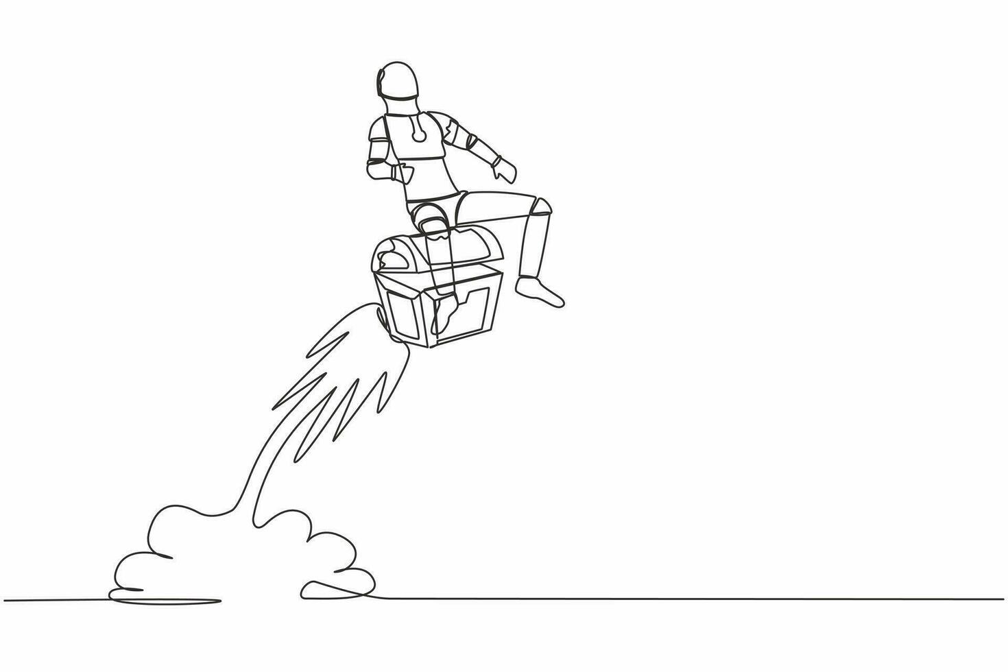 Single continuous line drawing robot riding treasure chest rocket flying in sky. Treasure hunting with tech. Future technology development. Artificial intelligence. One line design vector illustration