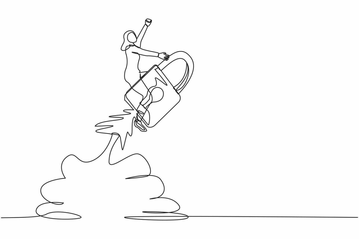 Single one line drawing Arab businesswoman riding padlock rocket flying in the sky. Increasing startup business protection. Guarding cash flow of money. Continuous line draw design vector illustration