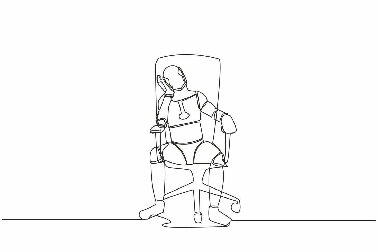 Single one line drawing robot sitting at office chair, feeling stressed, alone. Robotic artificial intelligence. Electronic technology industry. Continuous line draw design graphic vector illustration