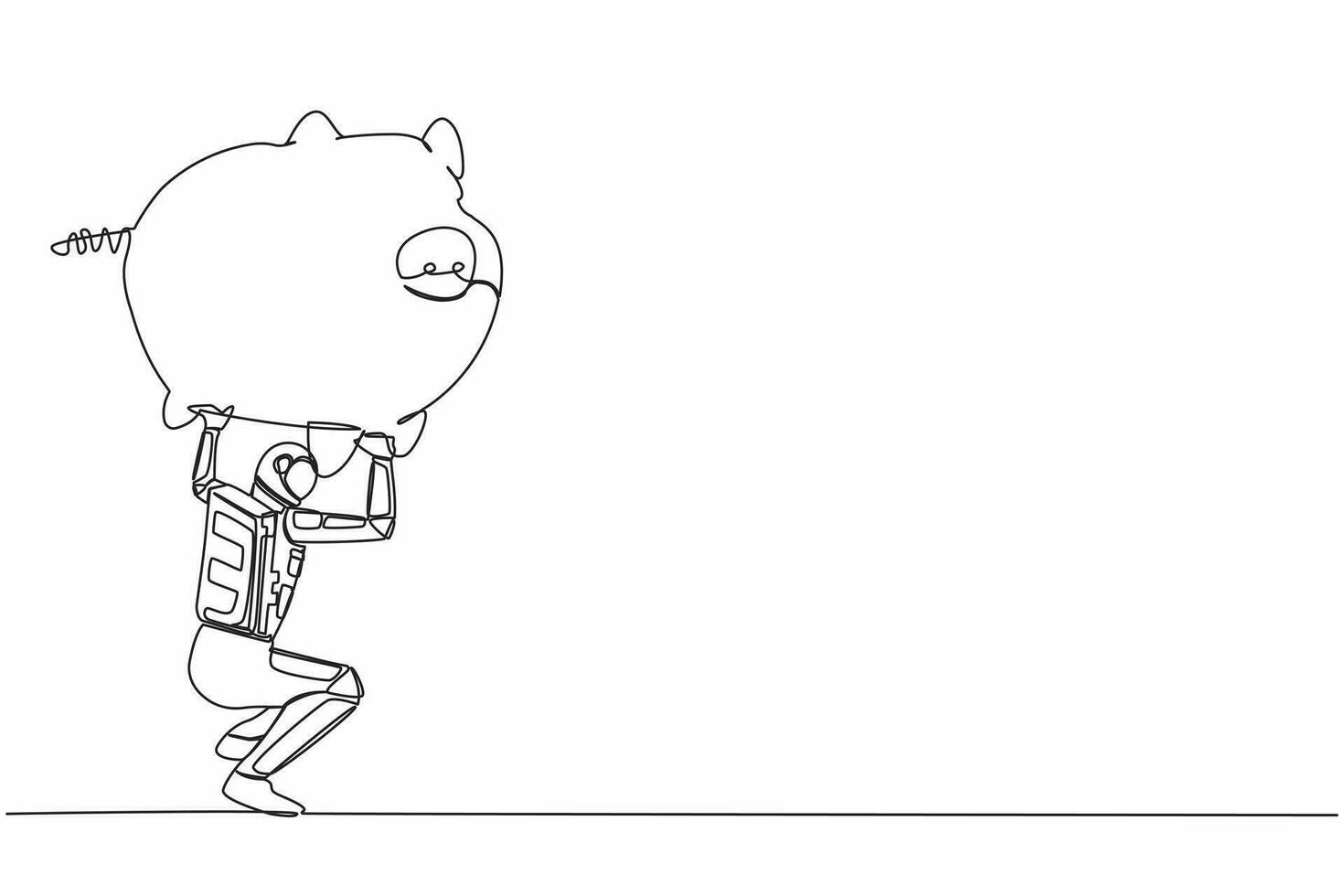 Single continuous line drawing astronaut carrying heavy piggy bank on his back. Broke and financial problems in space industry. Cosmonaut deep space. One line draw design vector graphic illustration