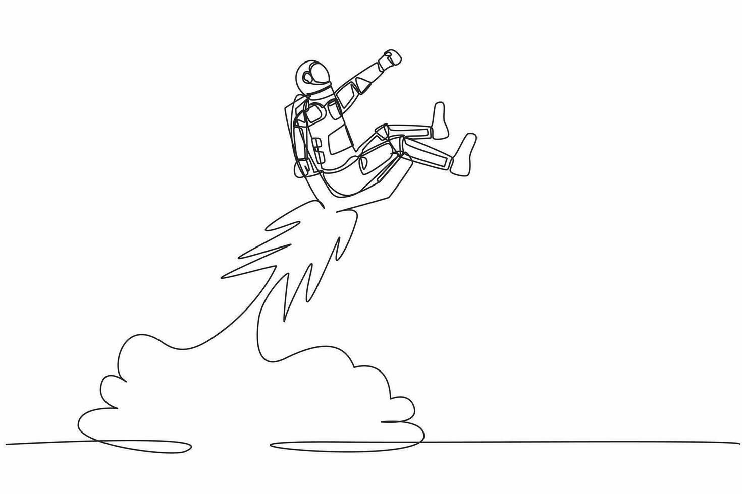 Continuous one line drawing astronaut riding chair rocket flying in moon surface. Human resource development in aerospace companies. Cosmonaut outer space. Single line draw design vector illustration