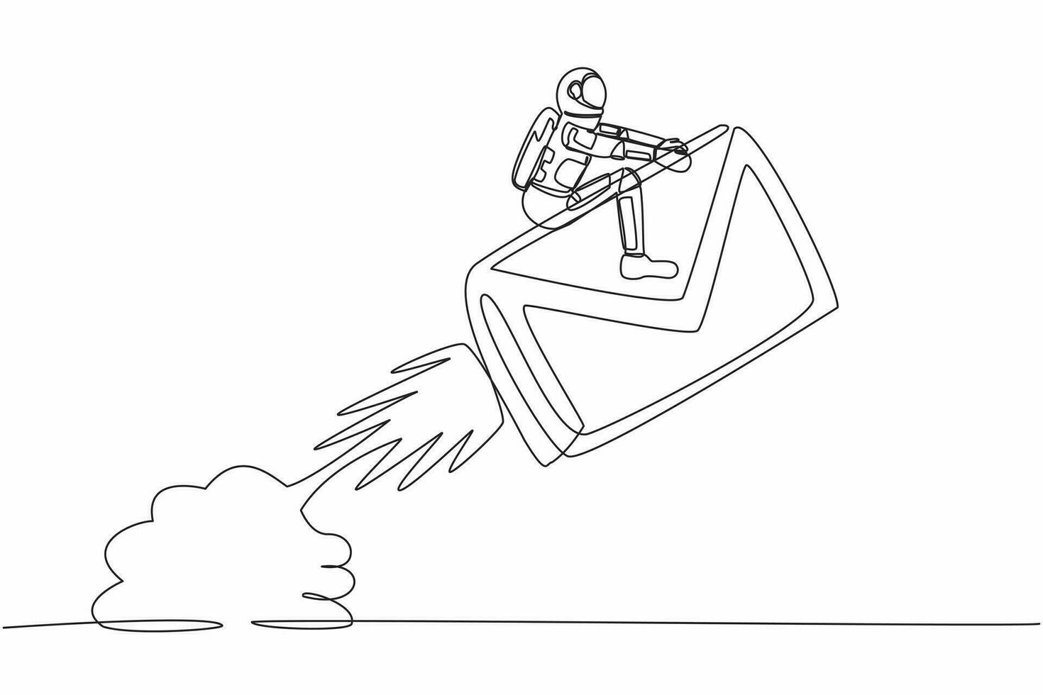 Single continuous line drawing astronaut riding paper envelope rocket flying in moon surface. Launching inter-galaxy digital messaging. Cosmonaut deep space. One line draw design vector illustration