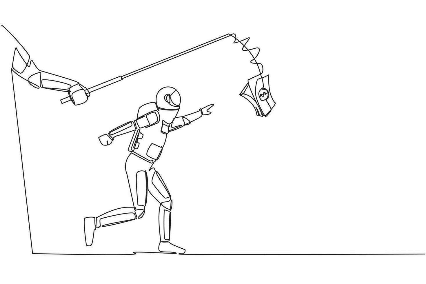 Single continuous line drawing hand with fishing rod and banknote controlling astronaut. Greedy to get more profit from space industry. Cosmonaut deep space. One line draw design vector illustration