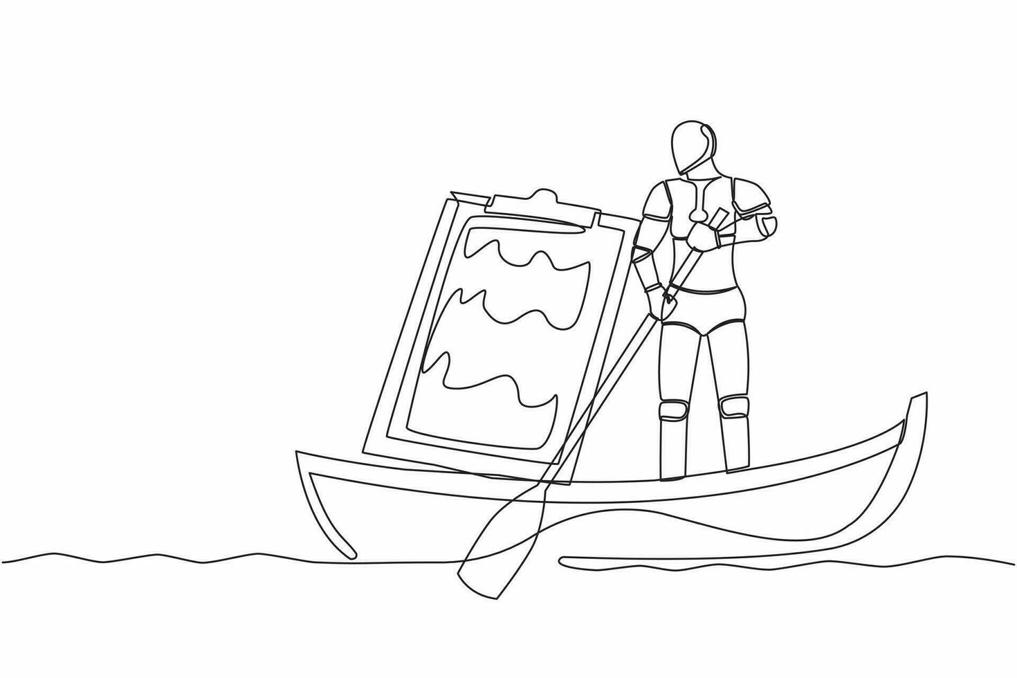 Single continuous line drawing robot sailing away on boat with clipboard. Shipping documents. Future technology development. Artificial intelligence. One line draw graphic design vector illustration