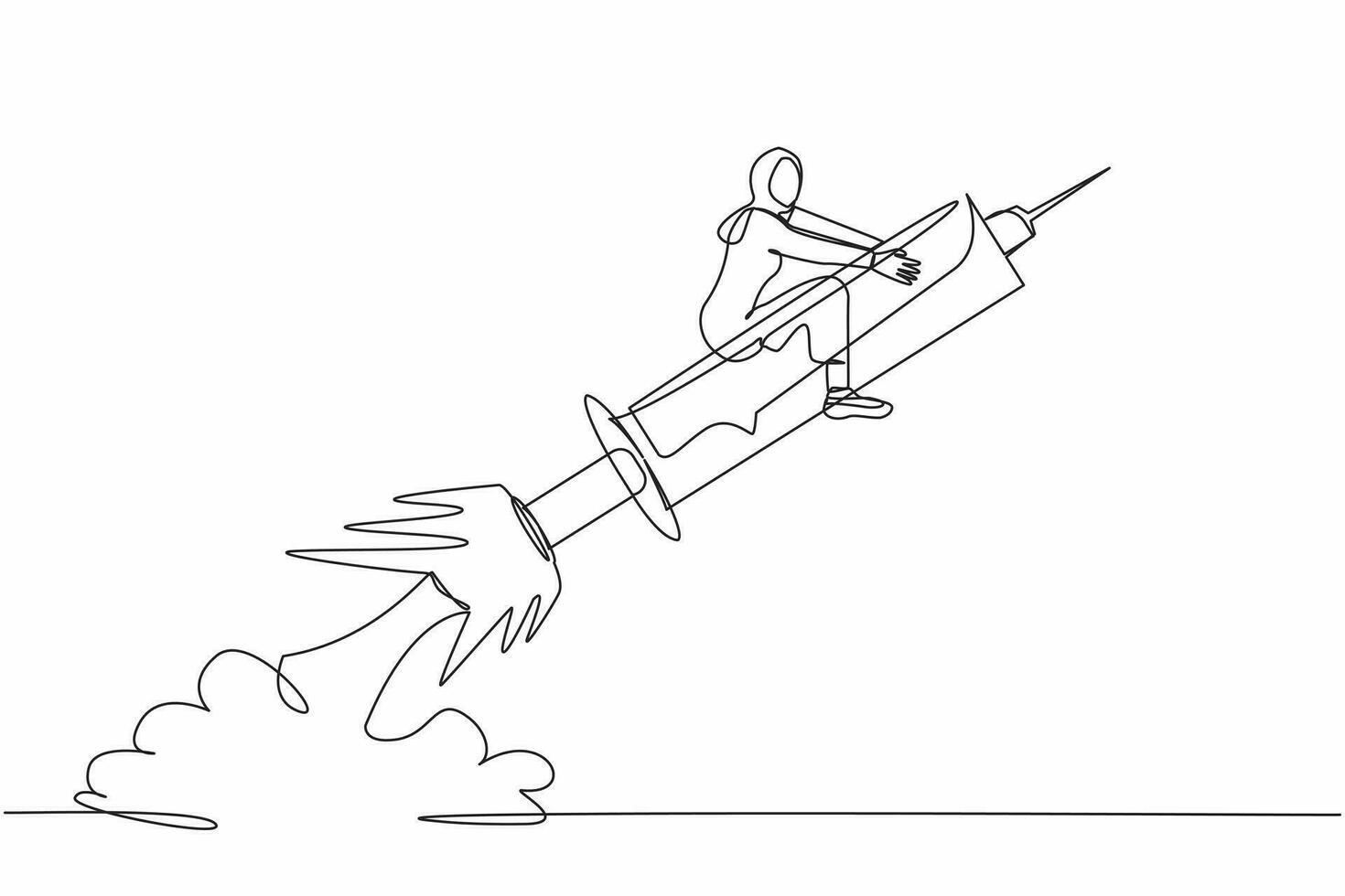 Single continuous line drawing Arab businesswoman riding syringe rocket flying in the sky. vector