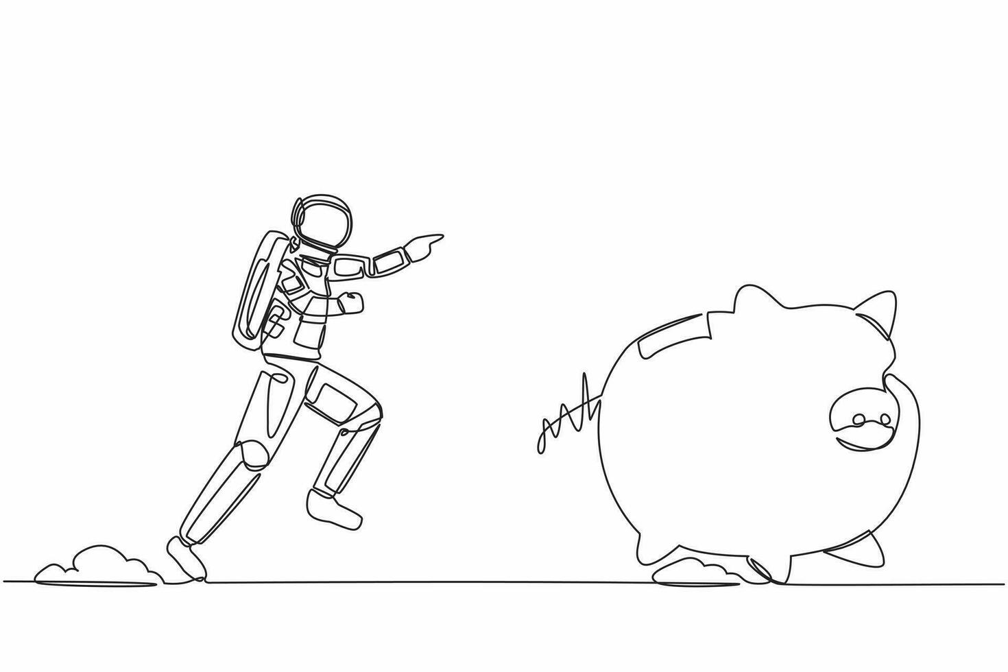 Single one line drawing of young astronaut chase piggy bank in moon surface. Savings for investment exploration of the universe. Cosmic galaxy space. Continuous line graphic design vector illustration