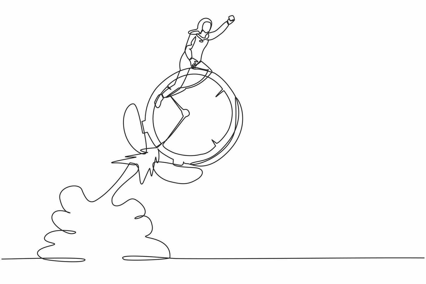 Continuous one line drawing Arabian businesswoman riding alarm clock rocket flying in the sky. Productivity or efficiency to finish work, speed and urgency. Single line draw design vector illustration