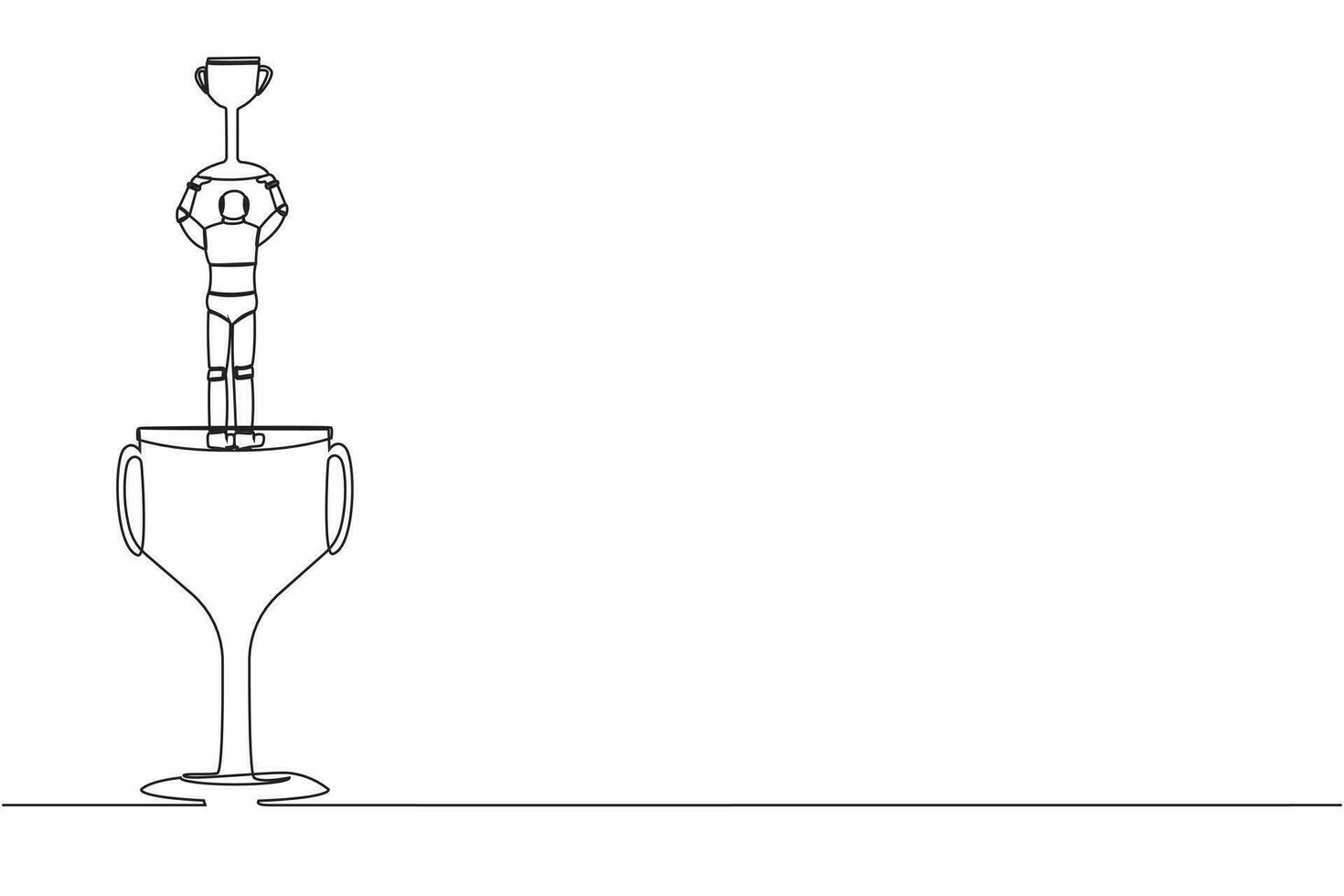 Single one line drawing back view robot stand above big trophy and lifting up winner cup celebrating his award. Future technology development. Continuous line draw design graphic vector illustration