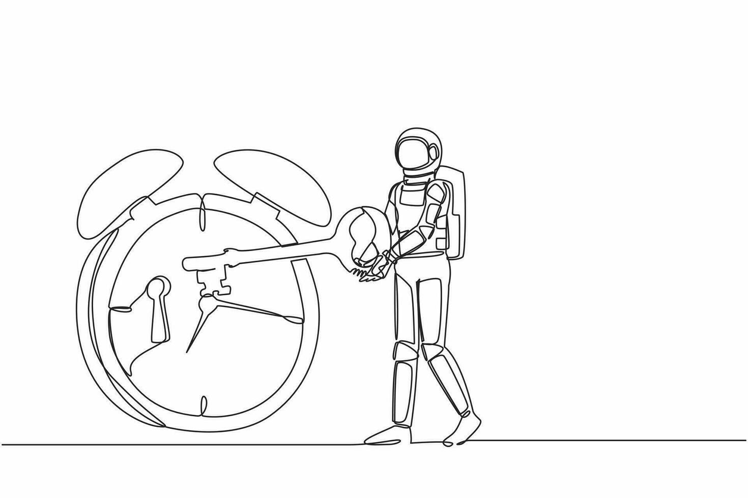 Single one line drawing astronaut putting key into alarm clock. Deadline work and time management in spaceship launch planning. Cosmic galaxy space. Continuous line graphic design vector illustration