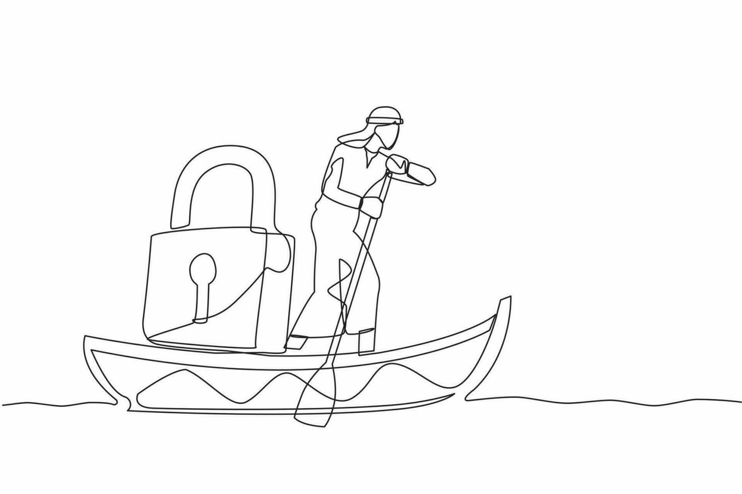 Single continuous line drawing Arabian businessman sailing away on boat with padlock. Security and shipping protection. Delivery business through the ocean. One line graphic design vector illustration
