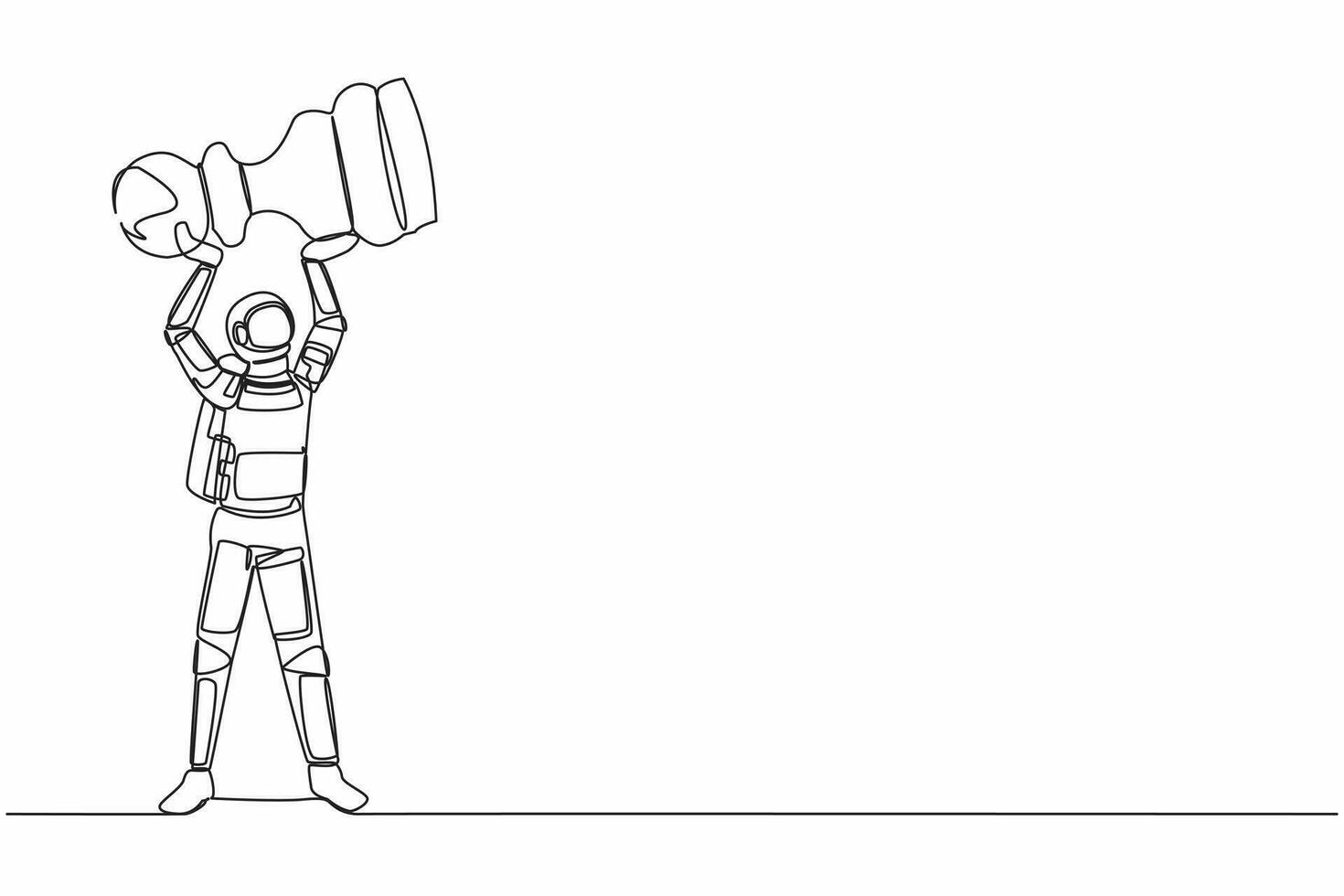 Continuous one line drawing astronaut standing and lifting up pawn chess piece. Celebrating small victories to achieve big victories. Cosmonaut outer space. Single line draw design vector illustration