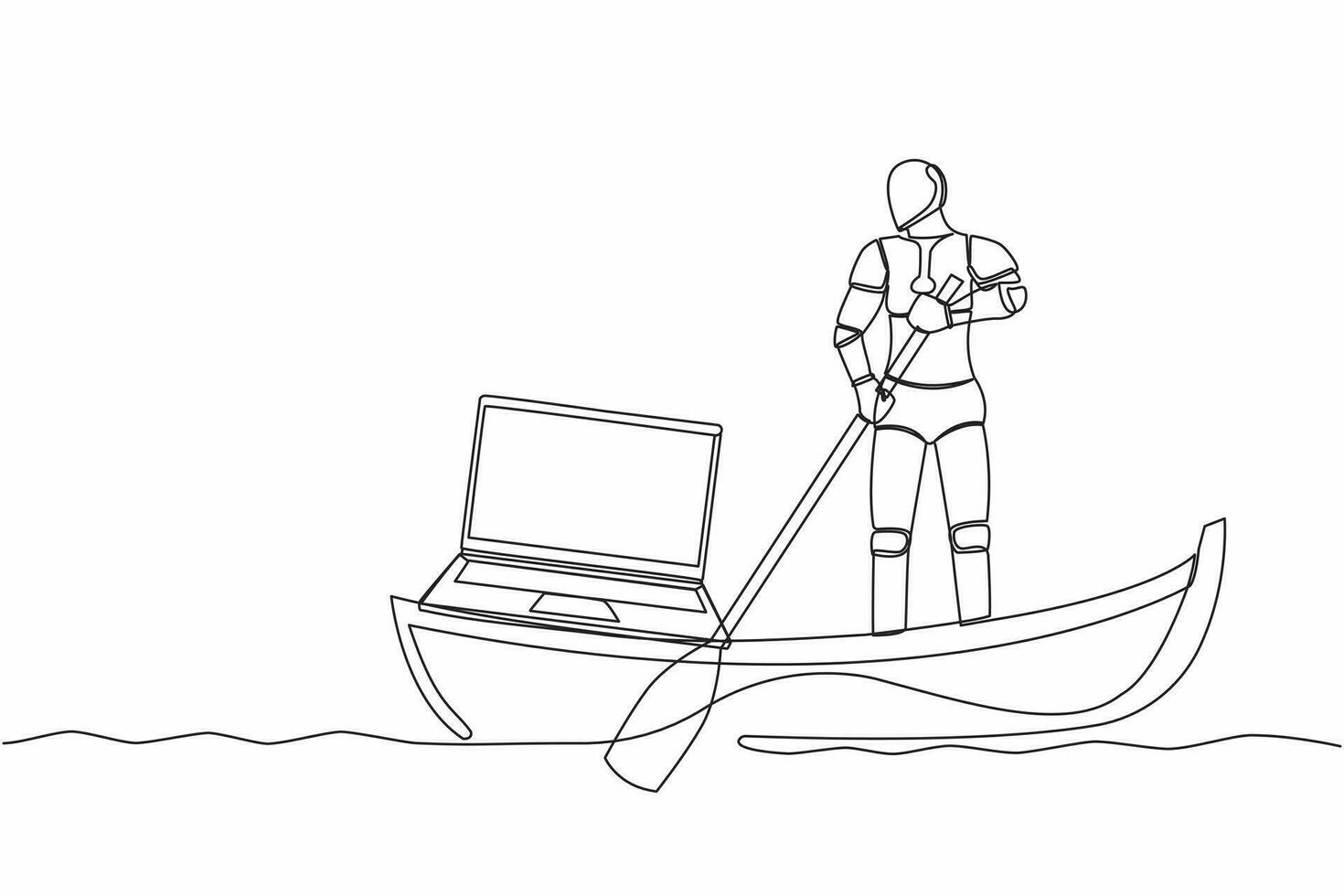 Single one line drawing of robot sailing away on boat with laptop computer. Freelance or remote work at ship. Modern robotic artificial intelligence. Continuous line design graphic vector illustration